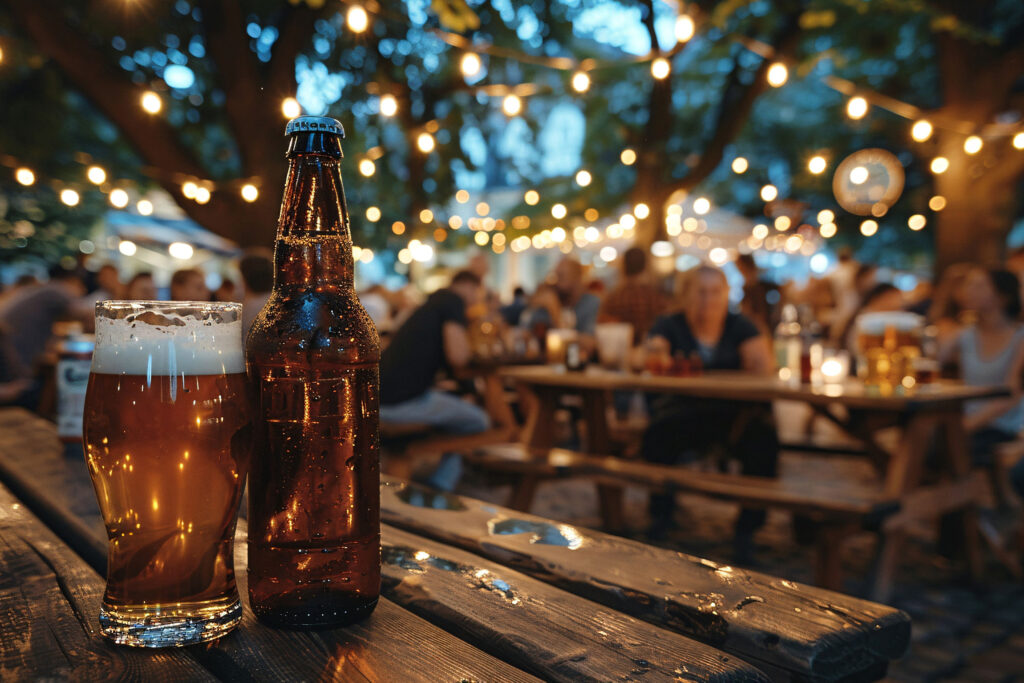 Imagebild Biergarten am Abend mit stimmungsvoller Beleuchtung